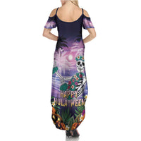 Happy Hulaween Family Matching Summer Maxi Dress and Hawaiian Shirt Mahaloween Skeleton Dancing