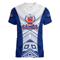 Custom Samoa Rugby Women V Neck T Shirt 2023 Pacific Championships Polynesian Pattern LT05 Female Blue - Polynesian Pride