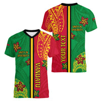 Personalised Vanuatu Happy Unity Day Women V Neck T Shirt Polynesian Plumeria LT05 - Polynesian Pride
