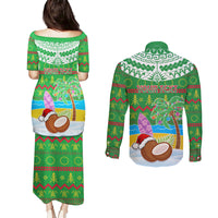 Personalised Cook Islands Christmas Couples Matching Puletasi Dress and Long Sleeve Button Shirt Coconut Santa Beach Style LT05 - Polynesian Pride