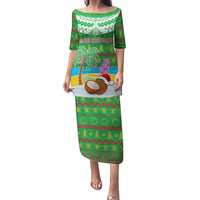 Personalised Cook Islands Christmas Family Matching Puletasi Dress and Hawaiian Shirt Coconut Santa Beach Style LT05 Mom's Dress Green - Polynesian Pride