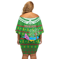 Personalised Cook Islands Christmas Off Shoulder Short Dress Coconut Santa Beach Style LT05 - Polynesian Pride