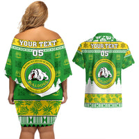 Custom Hawaii Kaimuki High School Christmas Couples Matching Off Shoulder Short Dress and Hawaiian Shirt Tropical Santa Claus LT05 - Polynesian Pride