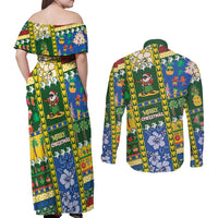 Solomon Islands Christmas Couples Matching Off Shoulder Maxi Dress and Long Sleeve Button Shirt Festive Beach Vibes - Polynesian Pride