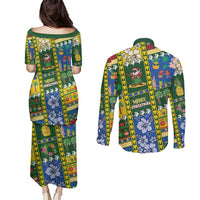 Solomon Islands Christmas Couples Matching Puletasi and Long Sleeve Button Shirt Festive Beach Vibes - Polynesian Pride