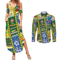Solomon Islands Christmas Couples Matching Summer Maxi Dress and Long Sleeve Button Shirt Festive Beach Vibes LT05 Green - Polynesian Pride