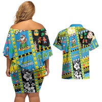 Tuvalu Christmas Couples Matching Off Shoulder Short Dress and Hawaiian Shirt Festive Beach Vibes - Polynesian Pride