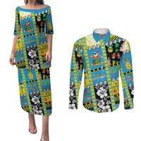 Tuvalu Christmas Couples Matching Puletasi and Long Sleeve Button Shirt Festive Beach Vibes - Polynesian Pride