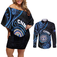 Personalized Northern Mariana Islands Couples Matching Off Shoulder Short Dress and Long Sleeve Button Shirt Ocean Floral Pattern LT05 Black - Polynesian Pride