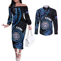 Personalized Northern Mariana Islands Couples Matching Off The Shoulder Long Sleeve Dress and Long Sleeve Button Shirt Ocean Floral Pattern LT05 Black - Polynesian Pride