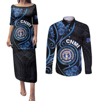 Personalized Northern Mariana Islands Couples Matching Puletasi and Long Sleeve Button Shirt Ocean Floral Pattern LT05 Black - Polynesian Pride
