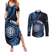Personalized Northern Mariana Islands Couples Matching Summer Maxi Dress and Long Sleeve Button Shirt Ocean Floral Pattern LT05 Black - Polynesian Pride