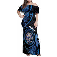 Personalized Northern Mariana Islands Family Matching Off Shoulder Maxi Dress and Hawaiian Shirt Ocean Floral Pattern LT05 Mom's Dress Black - Polynesian Pride