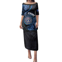 Personalized Northern Mariana Islands Family Matching Puletasi and Hawaiian Shirt Ocean Floral Pattern LT05 Mom's Dress Black - Polynesian Pride