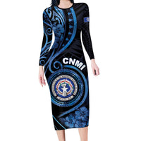 Personalized Northern Mariana Islands Long Sleeve Bodycon Dress Ocean Floral Pattern LT05 Long Dress Black - Polynesian Pride