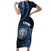 Personalized Northern Mariana Islands Short Sleeve Bodycon Dress Ocean Floral Pattern LT05 Long Dress Black - Polynesian Pride
