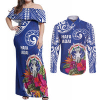 Hafa Adai Northern Mariana Islands Couples Matching Off Shoulder Maxi Dress and Long Sleeve Button Shirt Polynesian Tribal Pattern LT05 Blue - Polynesian Pride