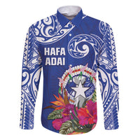 Hafa Adai Northern Mariana Islands Family Matching Short Sleeve Bodycon Dress and Hawaiian Shirt Polynesian Tribal Pattern LT05 Dad's Shirt - Long Sleeve Blue - Polynesian Pride