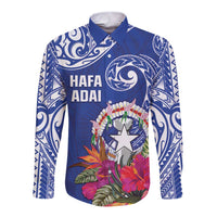 Hafa Adai Northern Mariana Islands Long Sleeve Button Shirt Polynesian Tribal Pattern LT05 Unisex Blue - Polynesian Pride