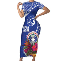 Hafa Adai Northern Mariana Islands Short Sleeve Bodycon Dress Polynesian Tribal Pattern LT05 Long Dress Blue - Polynesian Pride