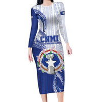 Personalized Northern Mariana Islands Long Sleeve Bodycon Dress CNMI Seal LT05 Long Dress Blue - Polynesian Pride