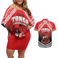 Custom Rugby Tonga MMT Couples Matching Off Shoulder Short Dress and Hawaiian Shirt Mana O Tonga LT05 Red - Polynesian Pride