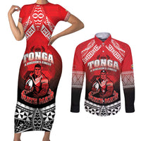 Custom Rugby Tonga MMT Couples Matching Short Sleeve Bodycon Dress and Long Sleeve Button Shirt Mana O Tonga LT05 Red - Polynesian Pride