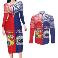Custom Rugby Samoa And Tonga Couples Matching Long Sleeve Bodycon Dress and Long Sleeve Button Shirt Toa Samoa With Mate Maa LT05 Multicolor - Polynesian Pride
