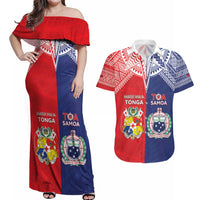 Custom Rugby Samoa And Tonga Couples Matching Off Shoulder Maxi Dress and Hawaiian Shirt Toa Samoa With Mate Maa LT05 Multicolor - Polynesian Pride