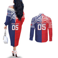 Custom Rugby Samoa And Tonga Couples Matching Off The Shoulder Long Sleeve Dress and Long Sleeve Button Shirt Toa Samoa With Mate Maa LT05 - Polynesian Pride