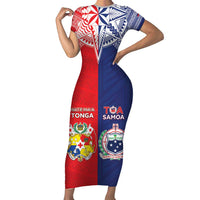 Custom Rugby Samoa And Tonga Family Matching Short Sleeve Bodycon Dress and Hawaiian Shirt Toa Samoa With Mate Maa LT05 Mom's Dress Multicolor - Polynesian Pride