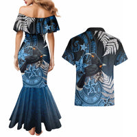 New Zealand Huia Bird Couples Matching Mermaid Dress and Hawaiian Shirt Aotearoa Maori Pattern