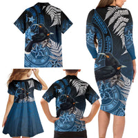 New Zealand Huia Bird Family Matching Long Sleeve Bodycon Dress and Hawaiian Shirt Aotearoa Maori Pattern