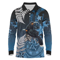 New Zealand Huia Bird Long Sleeve Polo Shirt Aotearoa Maori Pattern