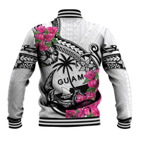 Guam Chamorro Baseball Jacket Bougainvillea White Polynesian Tribal Pattern