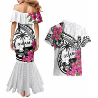 Guam Chamorro Couples Matching Mermaid Dress and Hawaiian Shirt Bougainvillea White Polynesian Tribal Pattern
