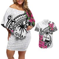 Guam Chamorro Couples Matching Off Shoulder Short Dress and Hawaiian Shirt Bougainvillea White Polynesian Tribal Pattern