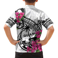 Guam Chamorro Family Matching Off The Shoulder Long Sleeve Dress and Hawaiian Shirt Bougainvillea White Polynesian Tribal Pattern