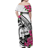 Guam Chamorro Family Matching Off Shoulder Maxi Dress and Hawaiian Shirt Bougainvillea White Polynesian Tribal Pattern