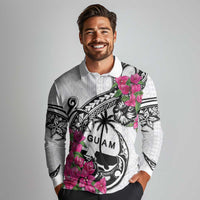 Guam Chamorro Long Sleeve Polo Shirt Bougainvillea White Polynesian Tribal Pattern