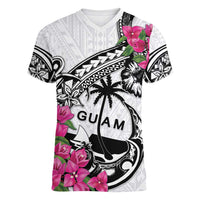 Guam Chamorro Women V-Neck T-Shirt Bougainvillea White Polynesian Tribal Pattern