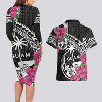 Guam Chamorro Couples Matching Long Sleeve Bodycon Dress and Hawaiian Shirt Bougainvillea Black Polynesian Tribal Pattern