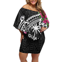 Guam Chamorro Off Shoulder Short Dress Bougainvillea Black Polynesian Tribal Pattern
