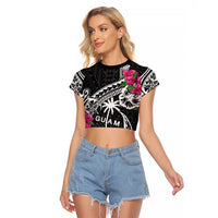 Guam Chamorro Raglan Cropped T Shirt Bougainvillea Black Polynesian Tribal Pattern