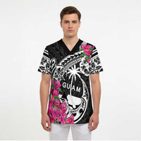 Guam Chamorro Scrub Top Bougainvillea Black Polynesian Tribal Pattern - Polynesian Pride