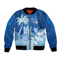 Personalised Bula Fiji Bomber Jacket Fijian Masi Pattern With Blue Coat Of Arms LT05 Unisex Blue - Polynesian Pride