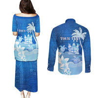 Personalised Bula Fiji Couples Matching Puletasi and Long Sleeve Button Shirt Fijian Masi Pattern With Blue Coat Of Arms LT05 - Polynesian Pride