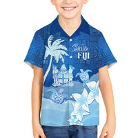Personalised Bula Fiji Family Matching Tank Maxi Dress and Hawaiian Shirt Fijian Masi Pattern With Blue Coat Of Arms LT05 Son's Shirt Blue - Polynesian Pride