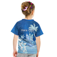 Personalised Bula Fiji Kid T Shirt Fijian Masi Pattern With Blue Coat Of Arms LT05 - Polynesian Pride
