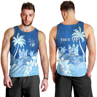 Personalised Bula Fiji Men Tank Top Fijian Masi Pattern With Blue Coat Of Arms LT05 - Polynesian Pride